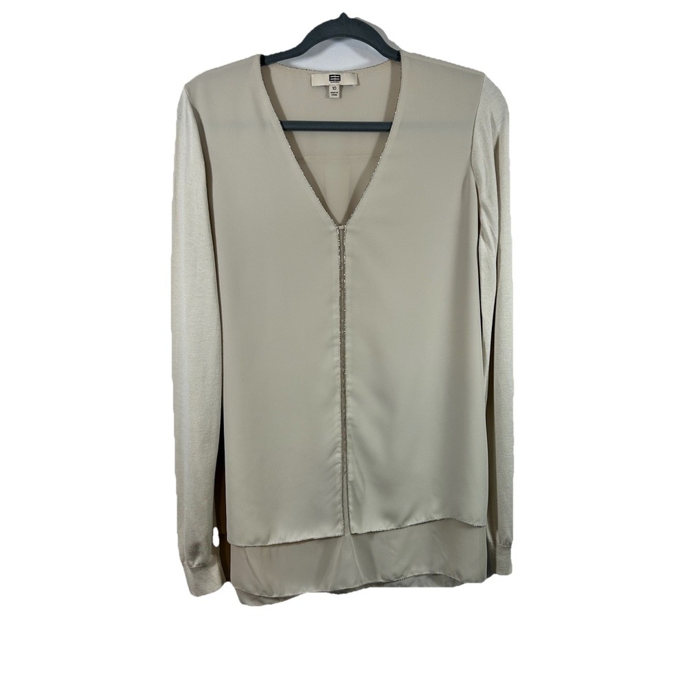 E3 by Etcetera Silk Blend Mixed Media V-Neck Top Size 10 Champagne Silver Chain
